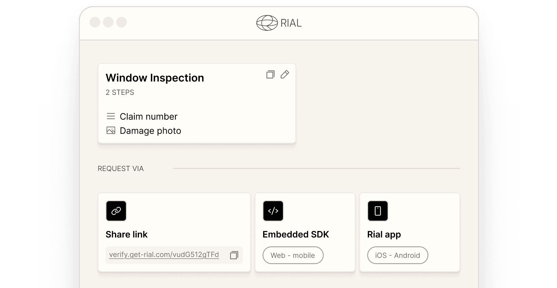 Insurance claims inspection interface with two steps and three access methods: share link, embedded web SDK, or mobile app.